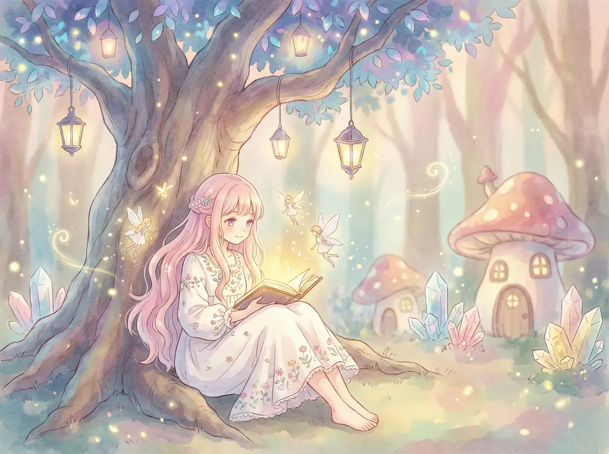 桃子视频地址 - 魔法森林中阅读故事书的粉发少女与精灵